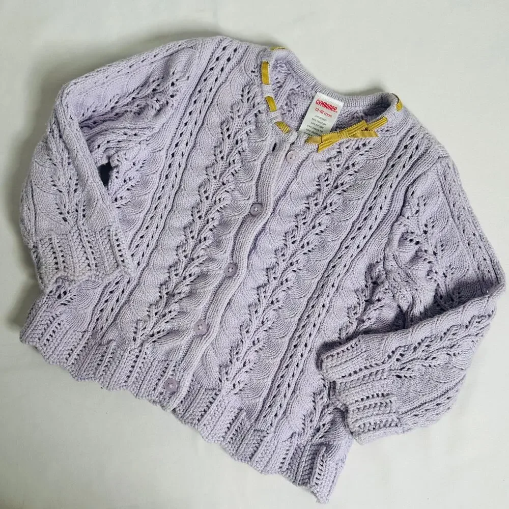 Y2k Gymboree Lavender Purple Knit Cardigan w/ Gold Bow Collar Accent Sz 12-18 mo
